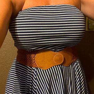 Large Strapless Navy Striped Dress with Removable Belt